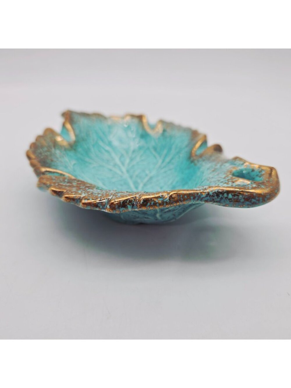 Leaf-Shaped Ceramic Ashtray Turquoise Gold Accents California Pottery 8x6 - Picture 6 of 8